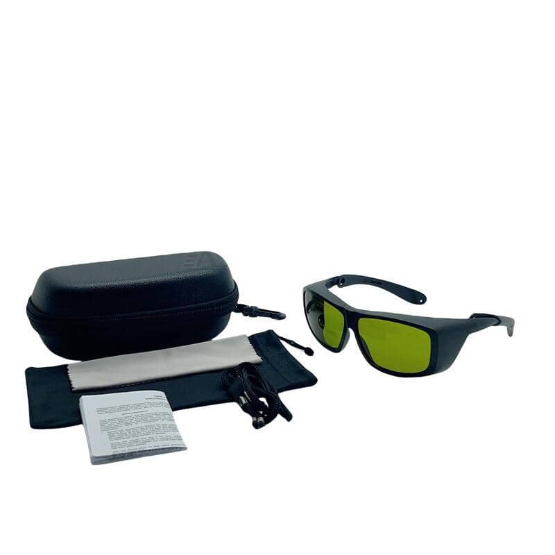 a pair of sunglasses with a case and a small white cloth